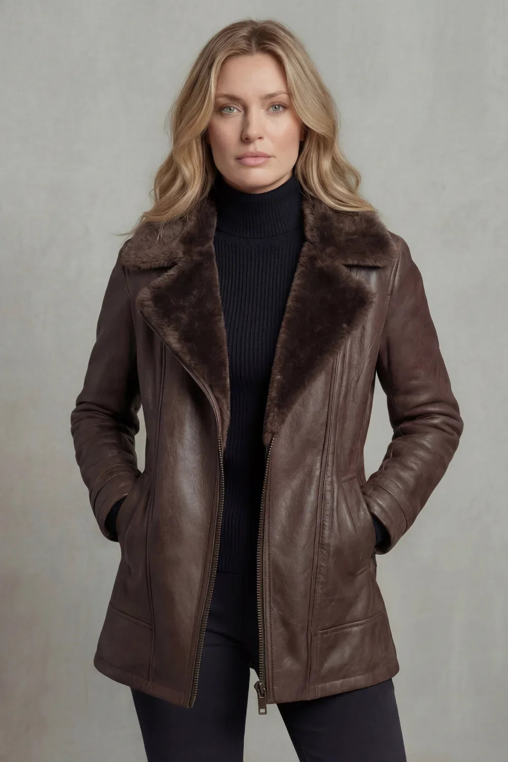 Women’s Brown Leather Jacket - Shearling Lined Winter Coat