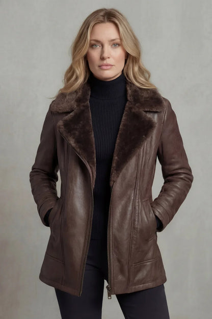 Women’s Brown Leather Jacket - Shearling Lined Winter Coat