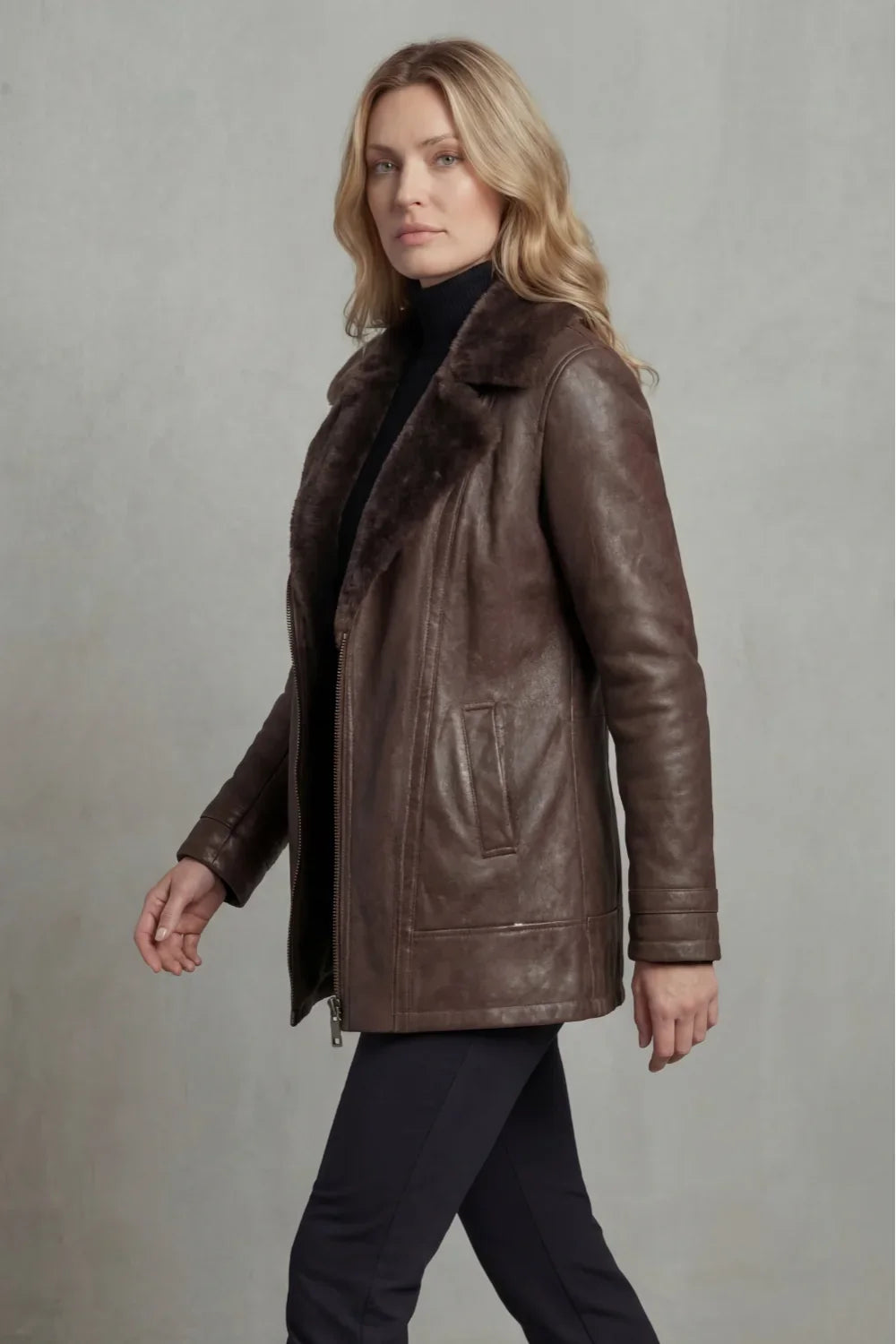 Women’s Brown Leather Jacket - Shearling Lined Winter Coat