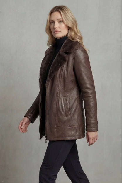 Women’s Brown Leather Jacket - Shearling Lined Winter Coat