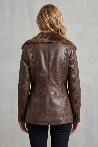 Women’s Brown Leather Jacket - Shearling Lined Winter Coat