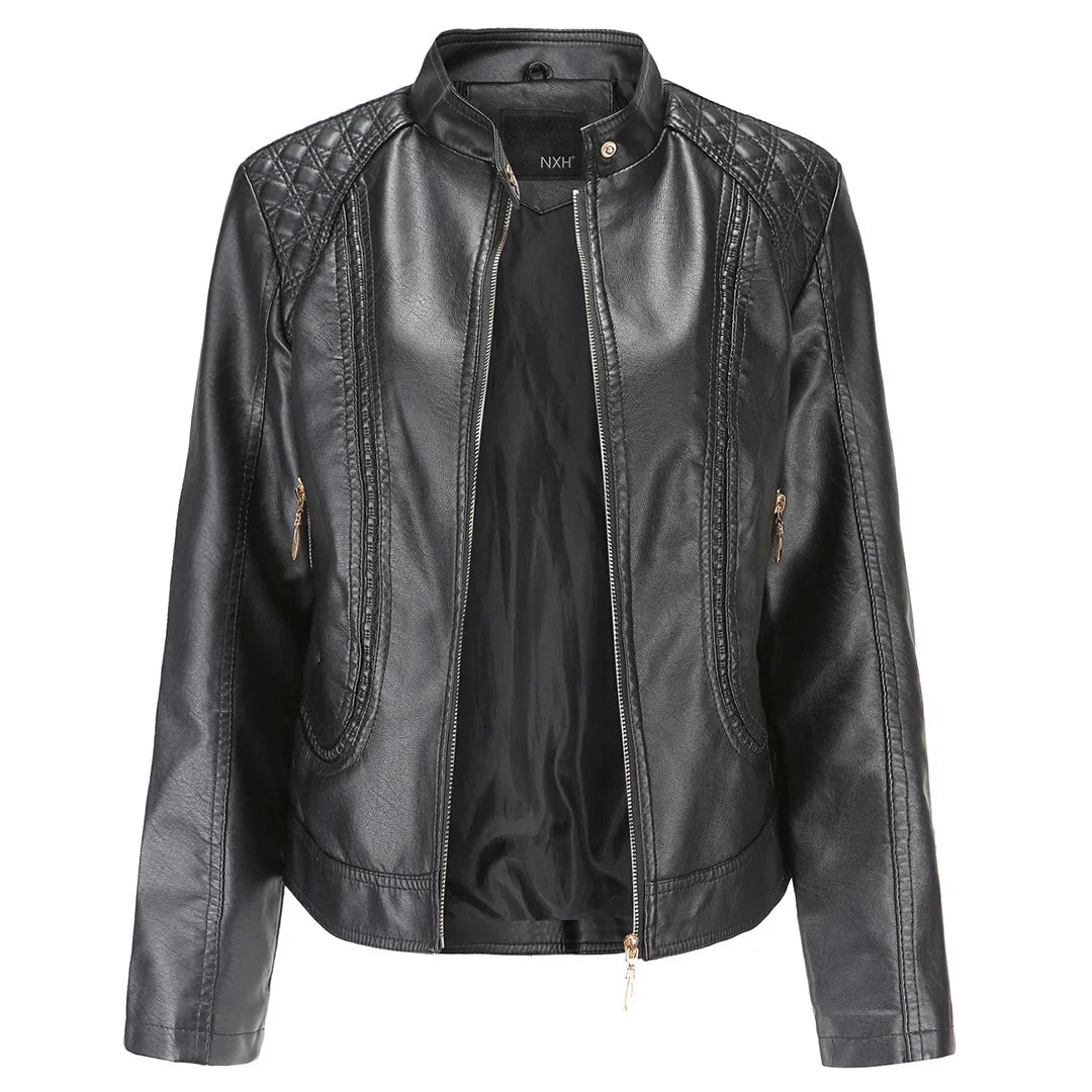 Women's Quilted Leather-Look Jacket – Stand Collar Zip-Up