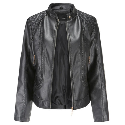 Women's Quilted Leather-Look Jacket – Stand Collar Zip-Up