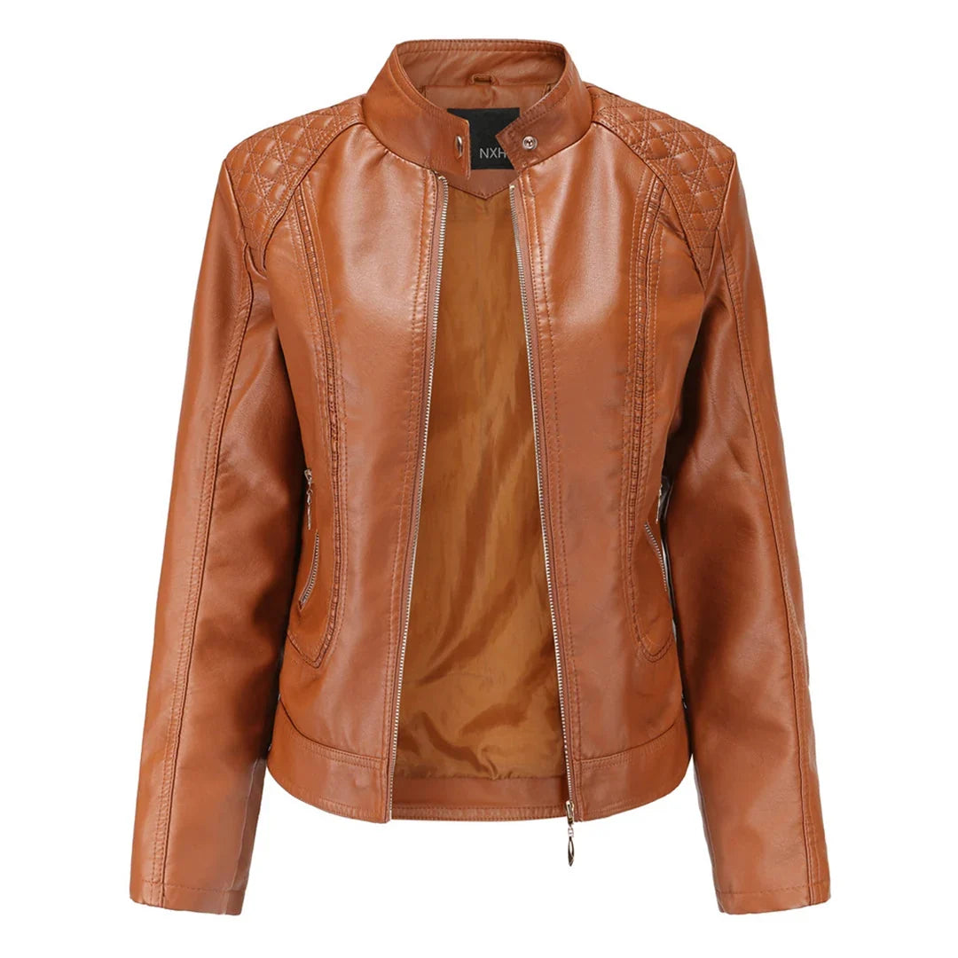 Women's Quilted Leather-Look Jacket – Stand Collar Zip-Up