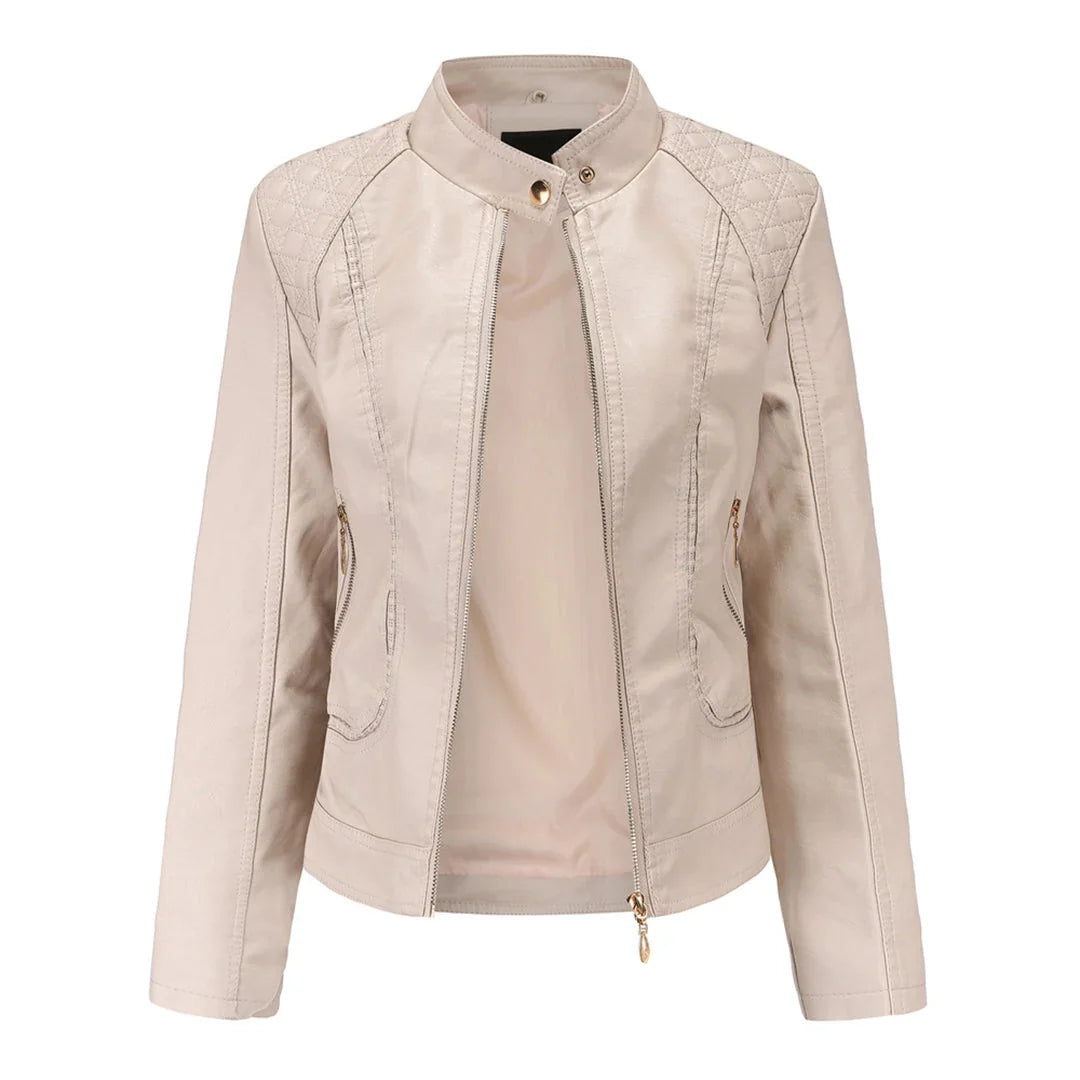 Women's Quilted Leather-Look Jacket – Stand Collar Zip-Up