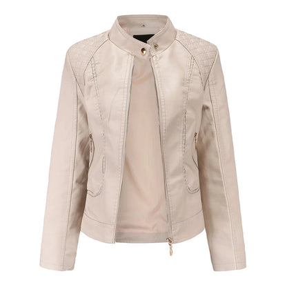 Women's Quilted Leather-Look Jacket – Stand Collar Zip-Up