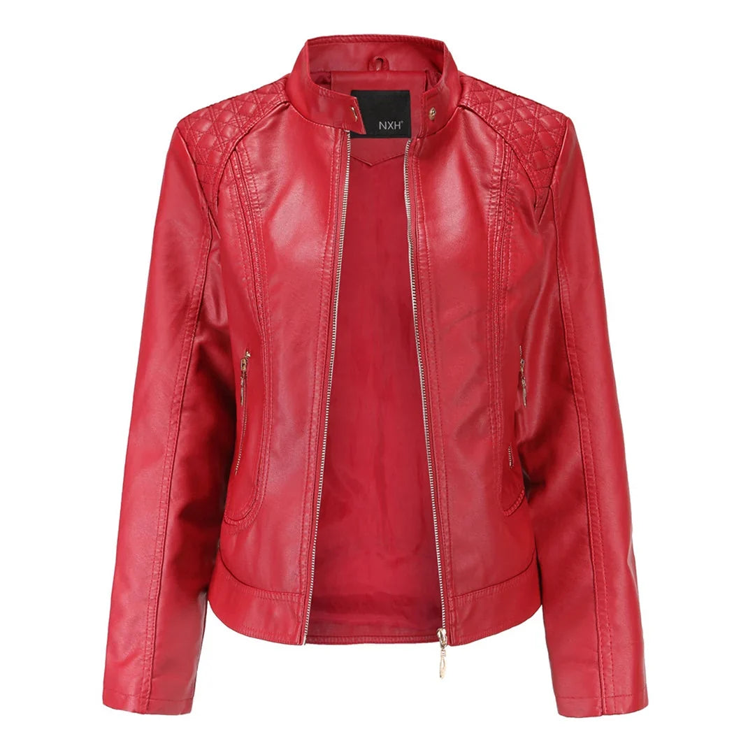 Women's Quilted Leather-Look Jacket – Stand Collar Zip-Up