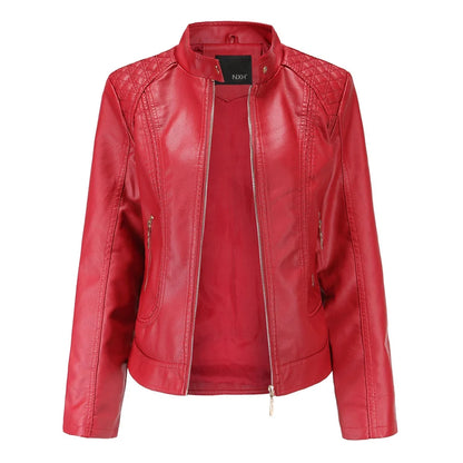 Women's Quilted Leather-Look Jacket – Stand Collar Zip-Up