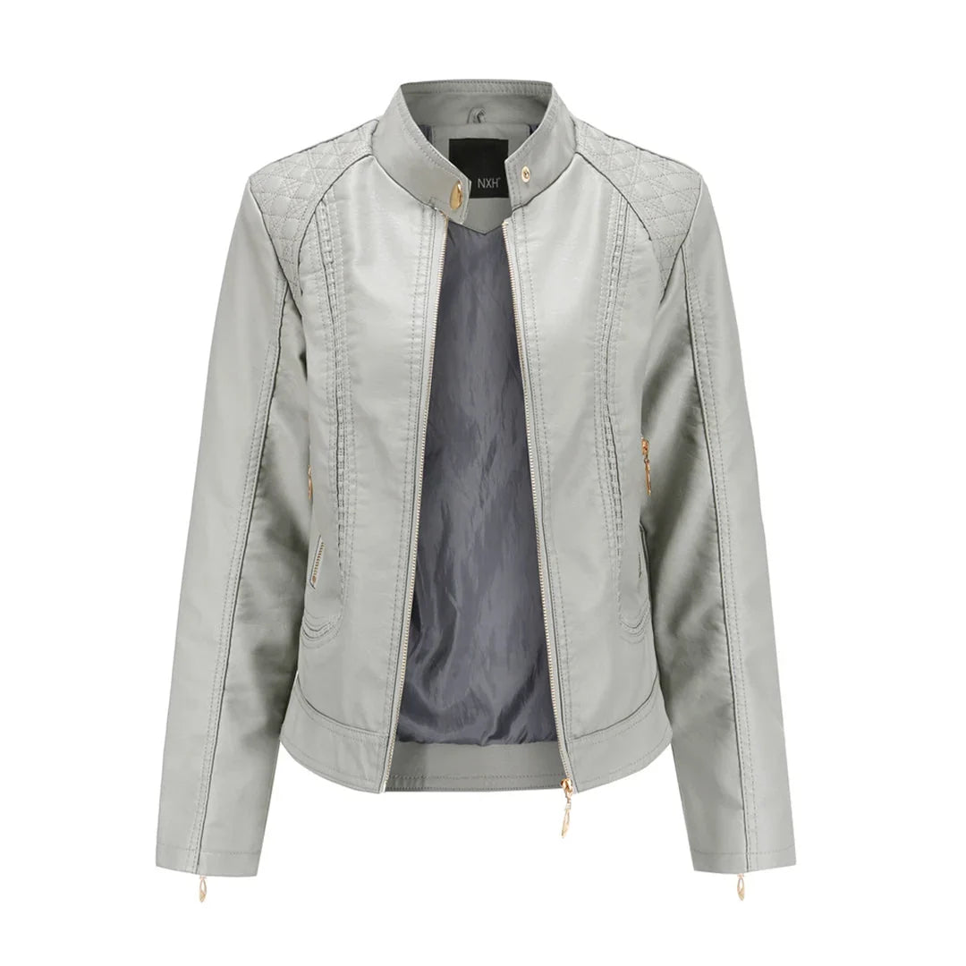 Women's Quilted Leather-Look Jacket – Stand Collar Zip-Up