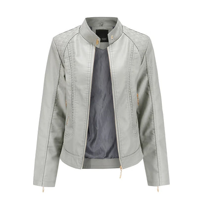 Women's Quilted Leather-Look Jacket – Stand Collar Zip-Up