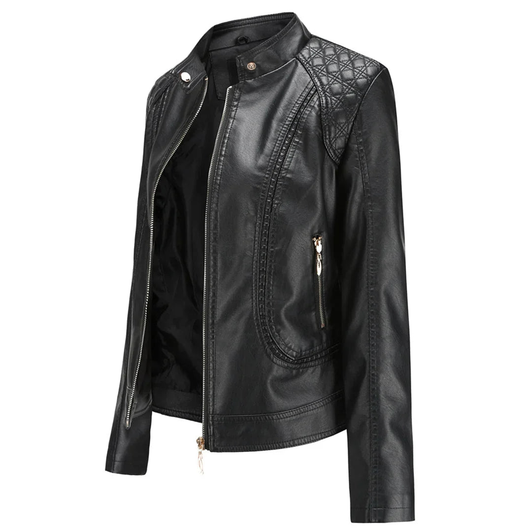 Women's Quilted Leather-Look Jacket – Stand Collar Zip-Up