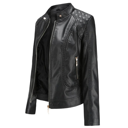 Women's Quilted Leather-Look Jacket – Stand Collar Zip-Up