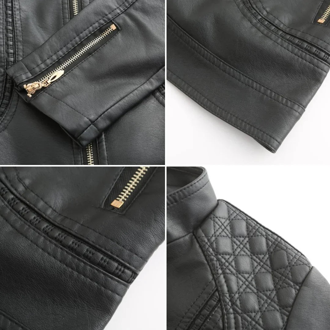 Women's Quilted Leather-Look Jacket – Stand Collar Zip-Up