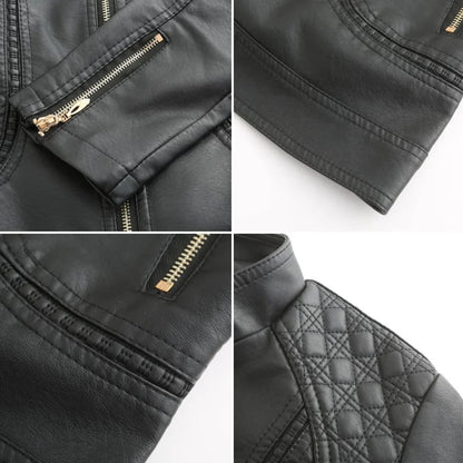 Women's Quilted Leather-Look Jacket – Stand Collar Zip-Up