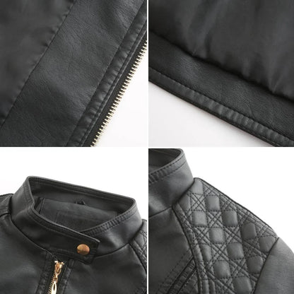 Women's Quilted Leather-Look Jacket – Stand Collar Zip-Up