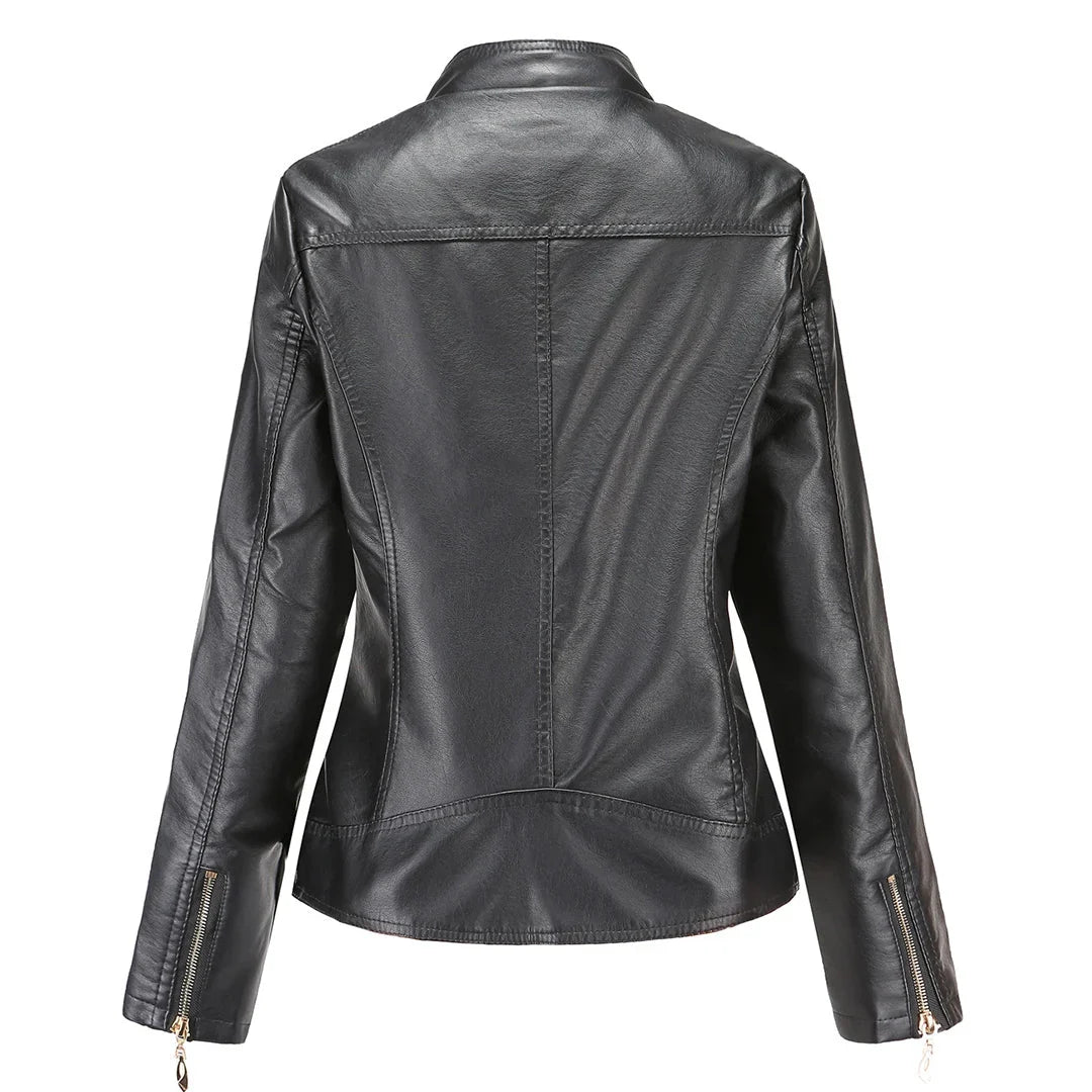 Women's Quilted Leather-Look Jacket – Stand Collar Zip-Up