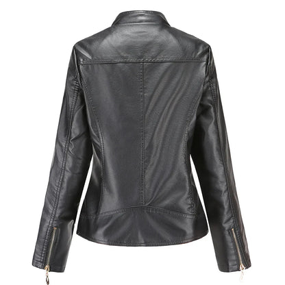 Women's Quilted Leather-Look Jacket – Stand Collar Zip-Up