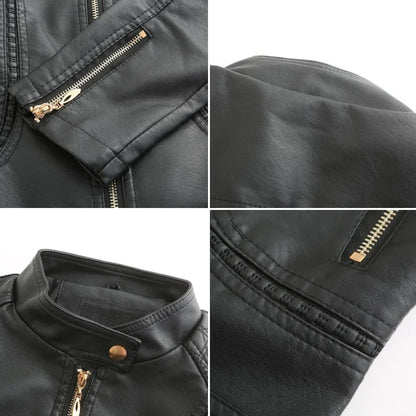 Women's Quilted Leather-Look Jacket – Stand Collar Zip-Up