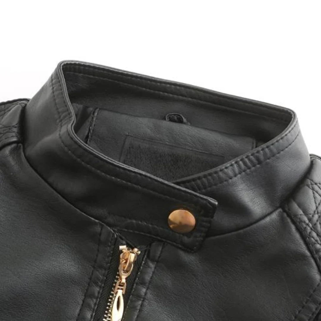 Women's Quilted Leather-Look Jacket – Stand Collar Zip-Up