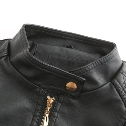 Women's Quilted Leather-Look Jacket – Stand Collar Zip-Up