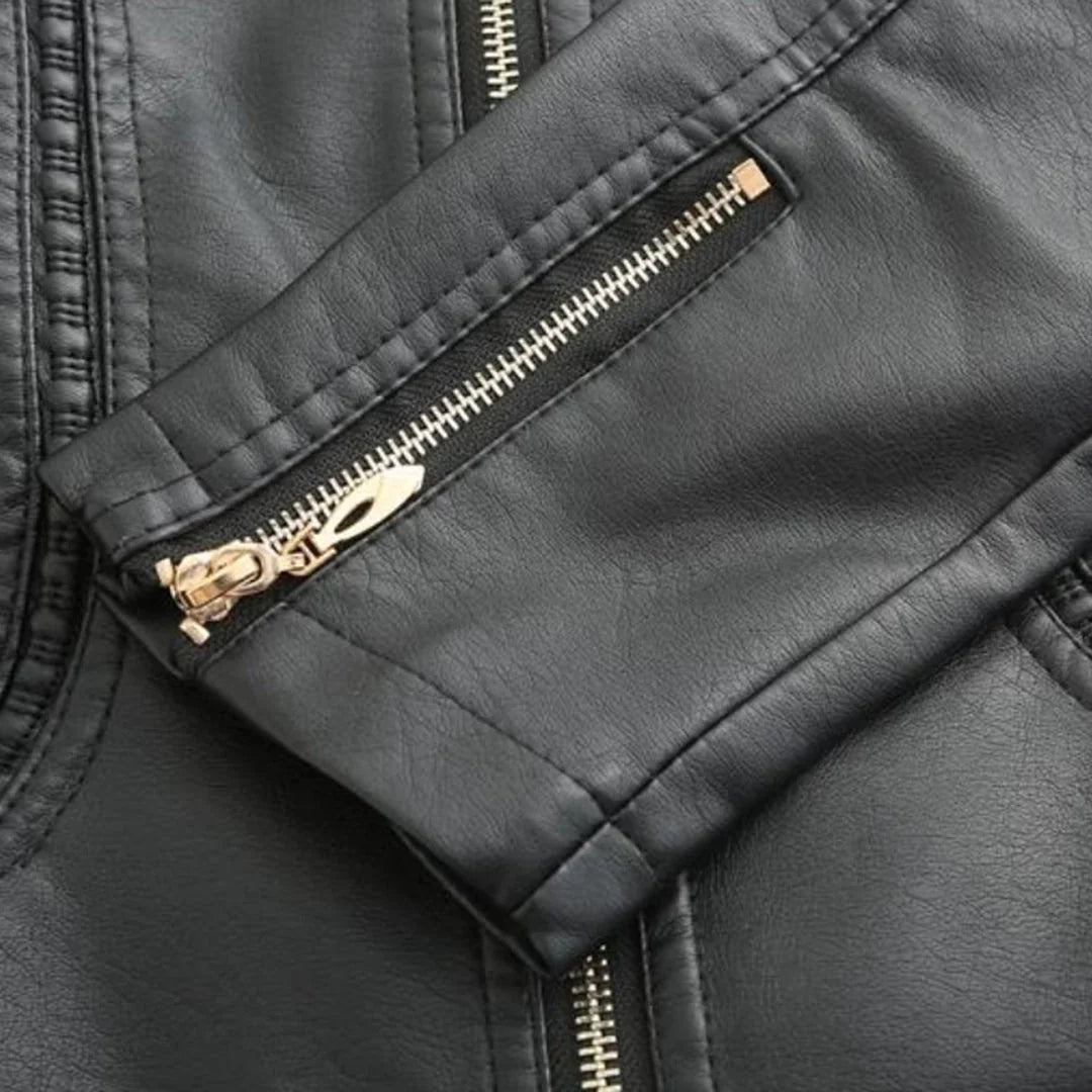 Women's Quilted Leather-Look Jacket – Stand Collar Zip-Up