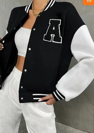 Women's Letterman Jacket - Black White Varsity Snap Front