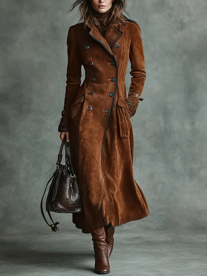 Women’s Suede Trench Coat - Double Breasted Long Coat