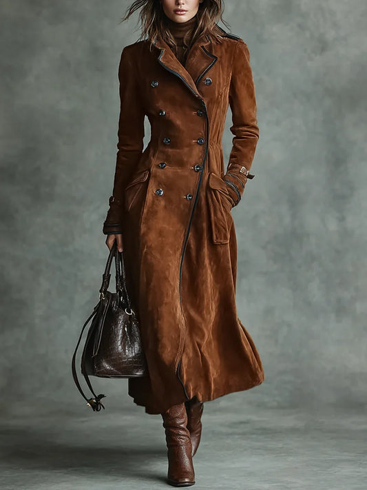 Women’s Suede Trench Coat - Double Breasted Long Coat