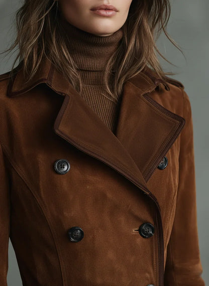 Women’s Suede Trench Coat - Double Breasted Long Coat