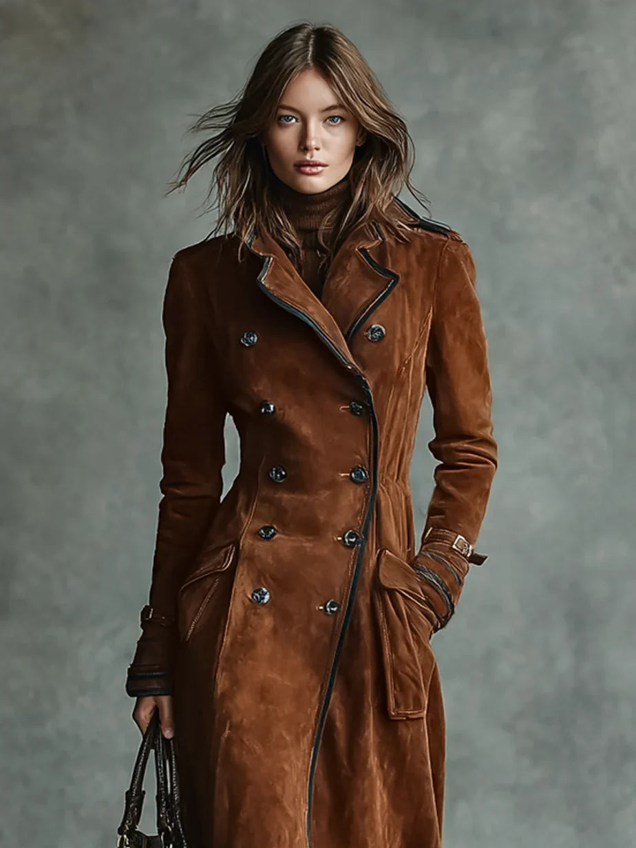 Women’s Suede Trench Coat - Double Breasted Long Coat