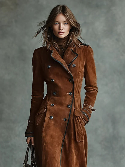 Women’s Suede Trench Coat - Double Breasted Long Coat