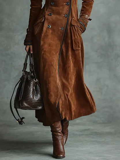 Women’s Suede Trench Coat - Double Breasted Long Coat