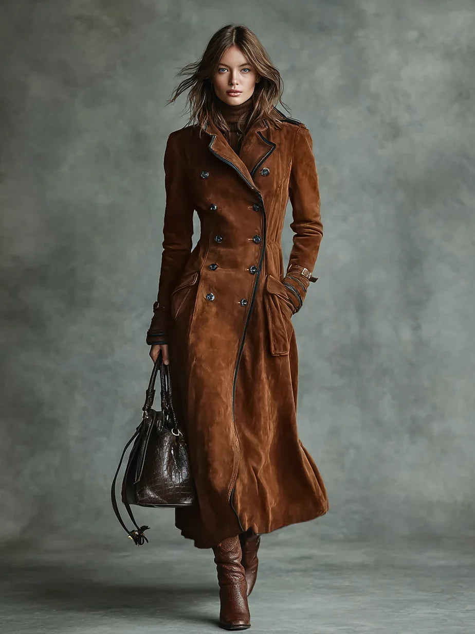 Women’s Suede Trench Coat - Double Breasted Long Coat