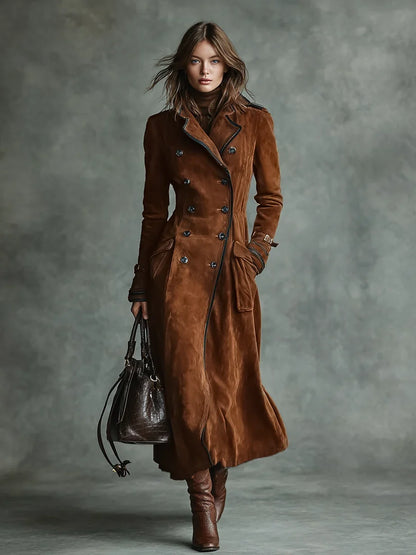 Women’s Suede Trench Coat - Double Breasted Long Coat
