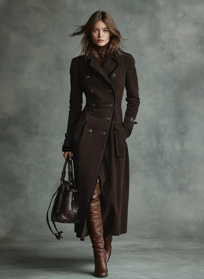 Women’s Suede Trench Coat - Double Breasted Long Coat