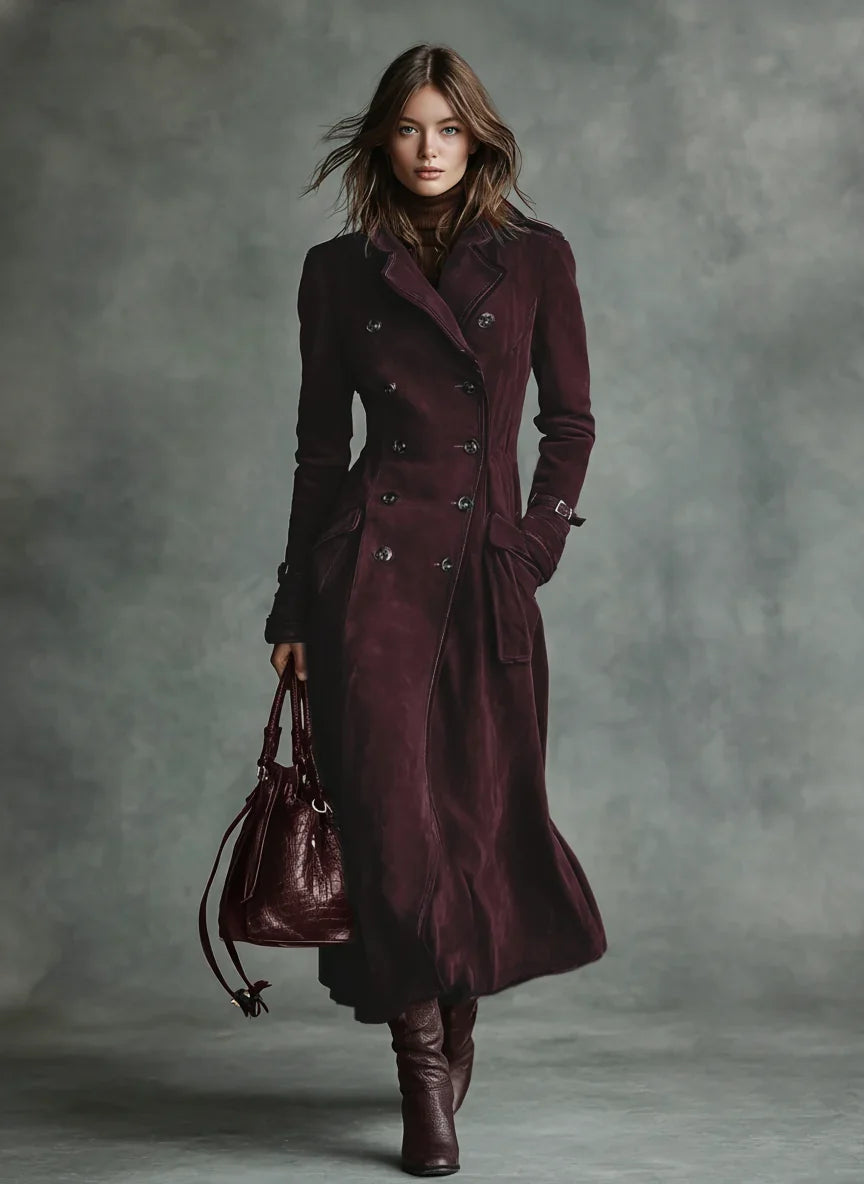 Women’s Suede Trench Coat - Double Breasted Long Coat