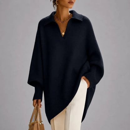 Women's Oversized Poncho Sweater – Collared V-Neck