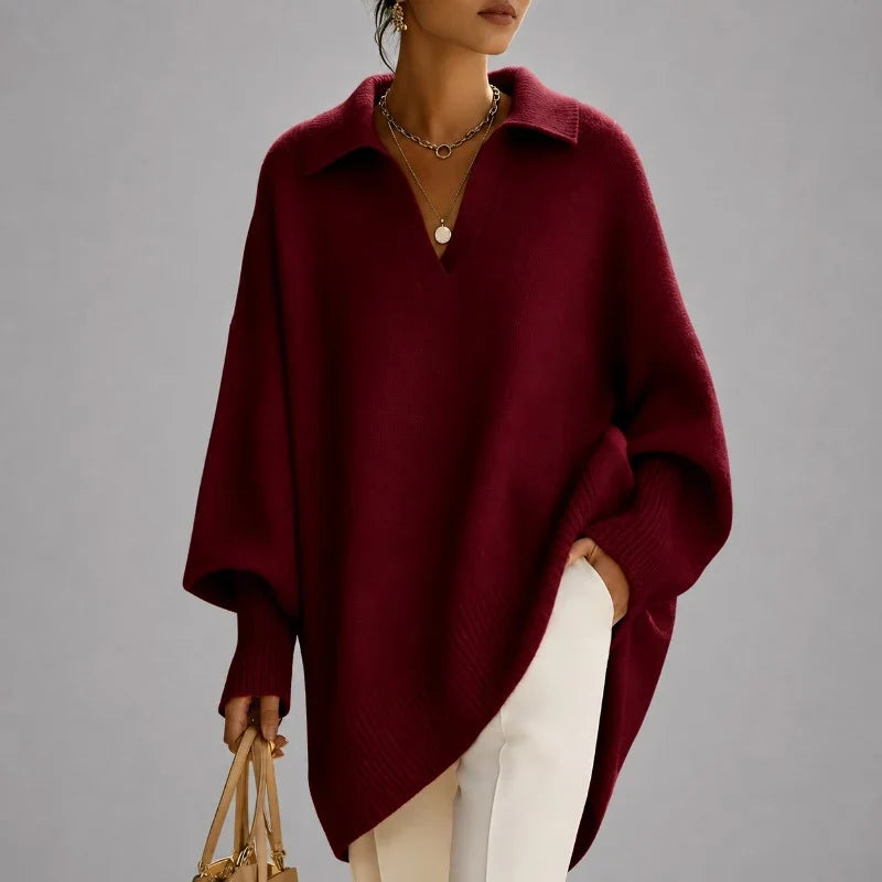 Women's Oversized Poncho Sweater – Collared V-Neck