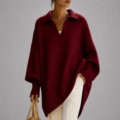 Women's Oversized Poncho Sweater – Collared V-Neck