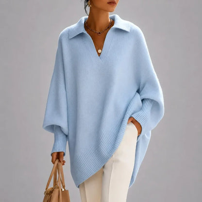 Women's Oversized Poncho Sweater – Collared V-Neck