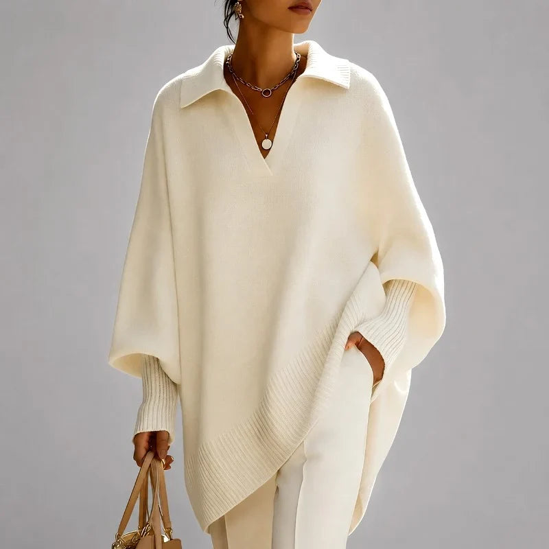 Women's Oversized Poncho Sweater – Collared V-Neck