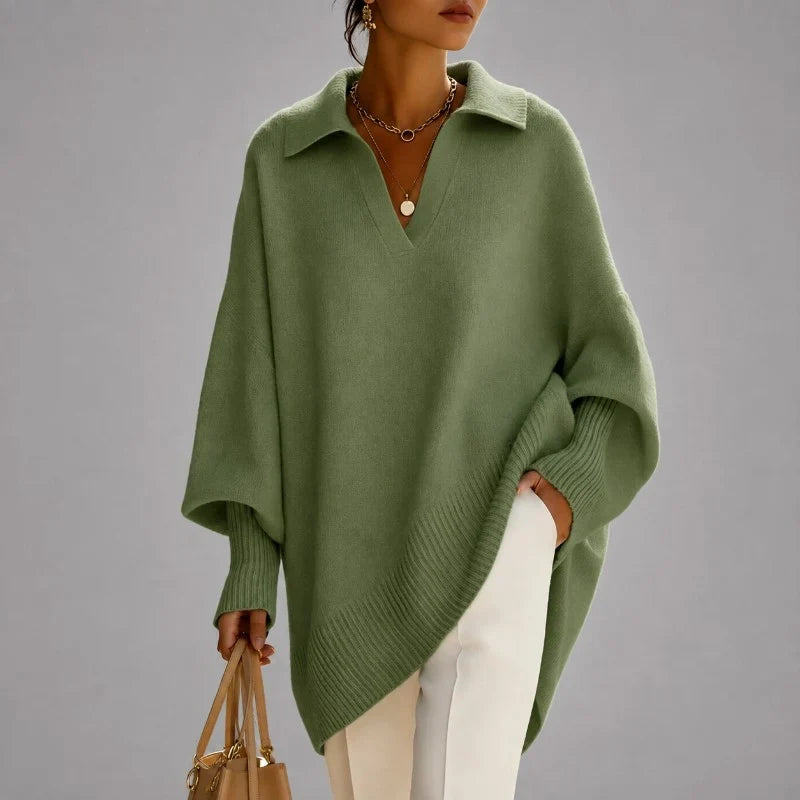 Women's Oversized Poncho Sweater – Collared V-Neck