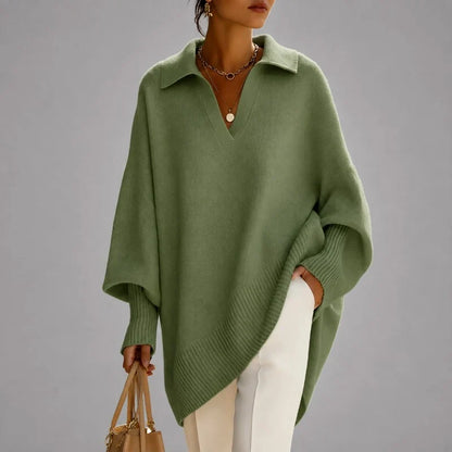 Women's Oversized Poncho Sweater – Collared V-Neck