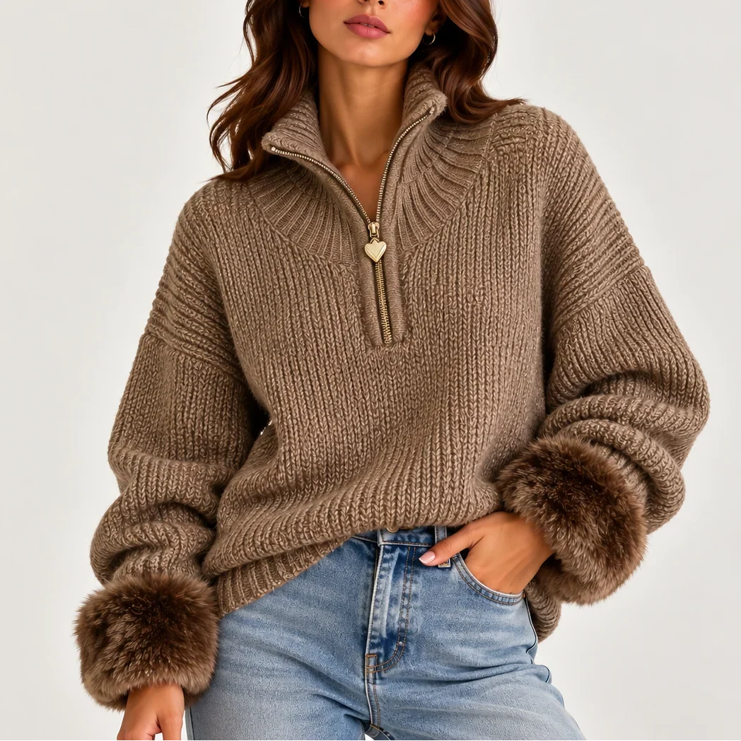 Women's Half-Zip Sweater – High Neck Faux Fur Trim