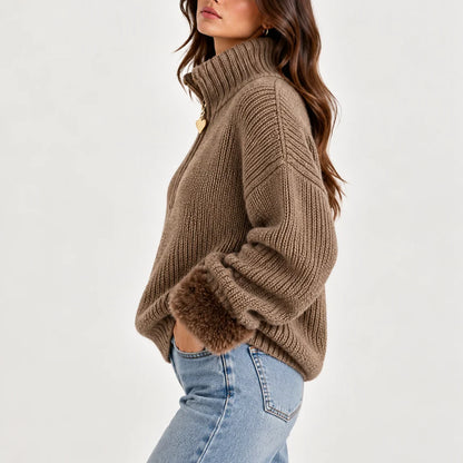 Women's Half-Zip Sweater – High Neck Faux Fur Trim