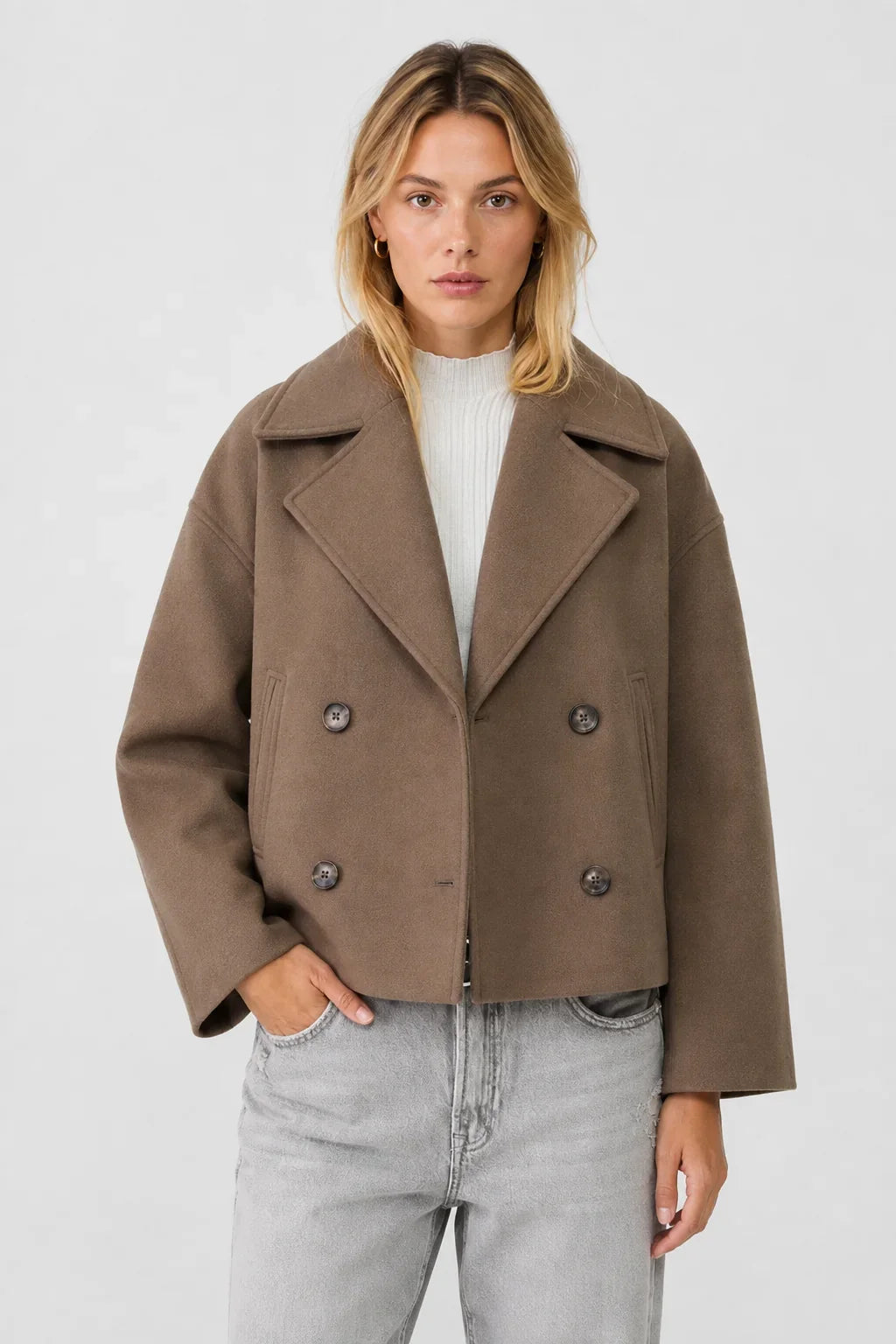 Women's Cropped Wool Blend Pea Coat – Button Front