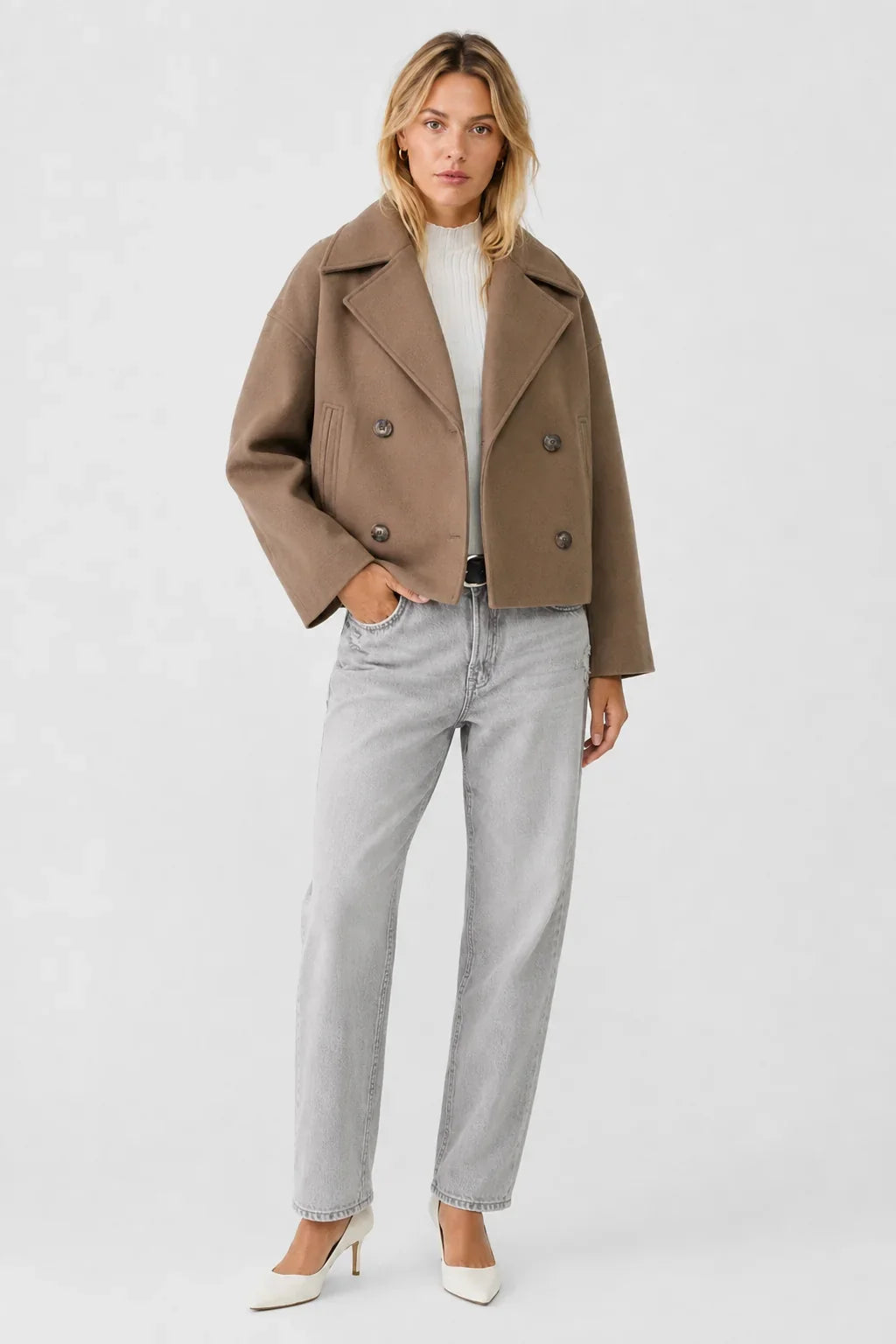 Women's Cropped Wool Blend Pea Coat – Button Front