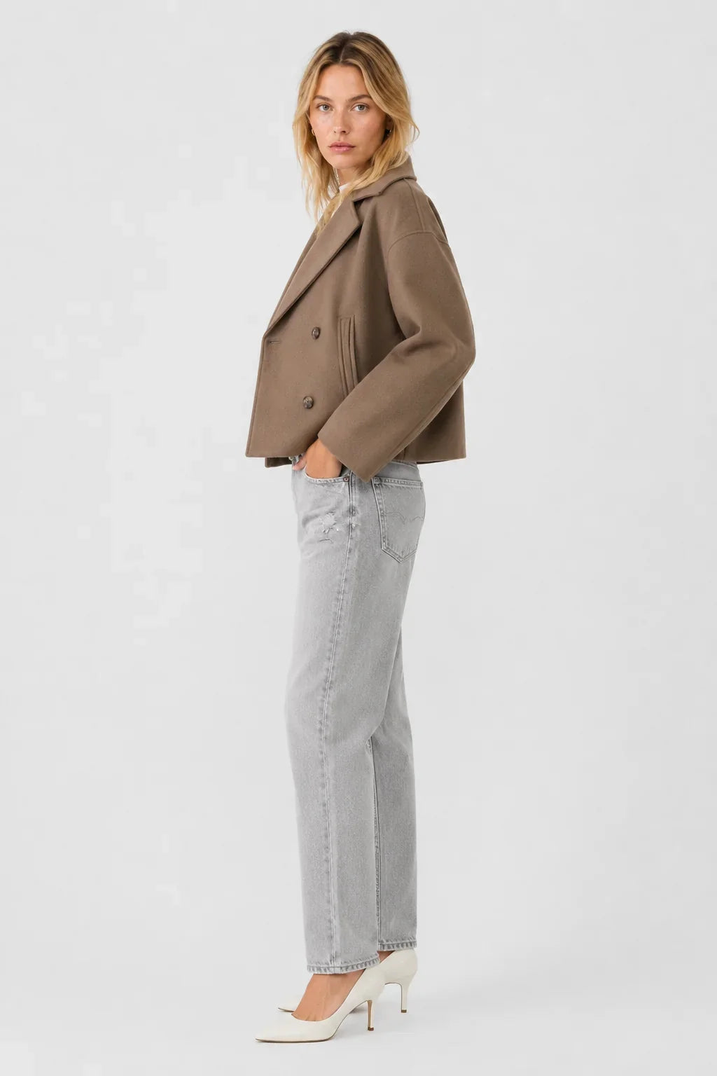 Women's Cropped Wool Blend Pea Coat – Button Front