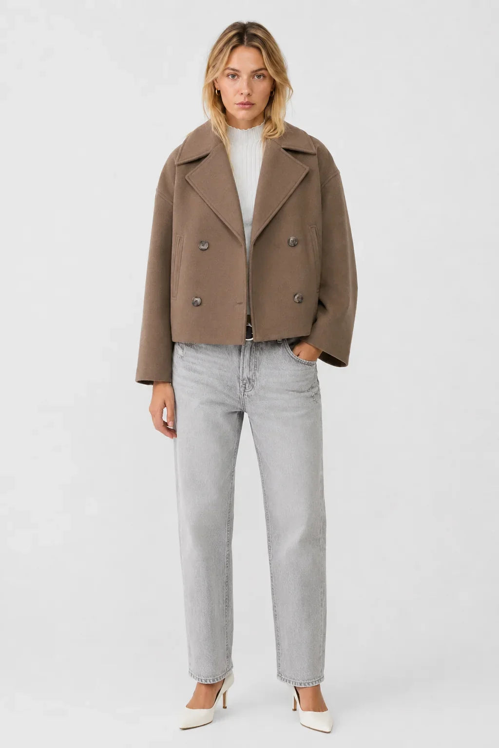 Women's Cropped Wool Blend Pea Coat – Button Front