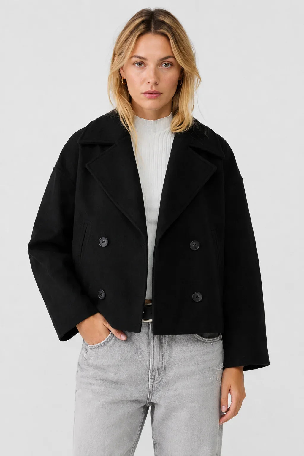 Women's Cropped Wool Blend Pea Coat – Button Front